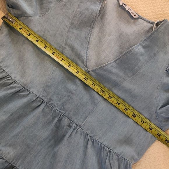 ZARA Blue V-Neck Short Puff Sleeve Babydoll Dress w Tiered Skirt Sz MD - Picture 10 of 16